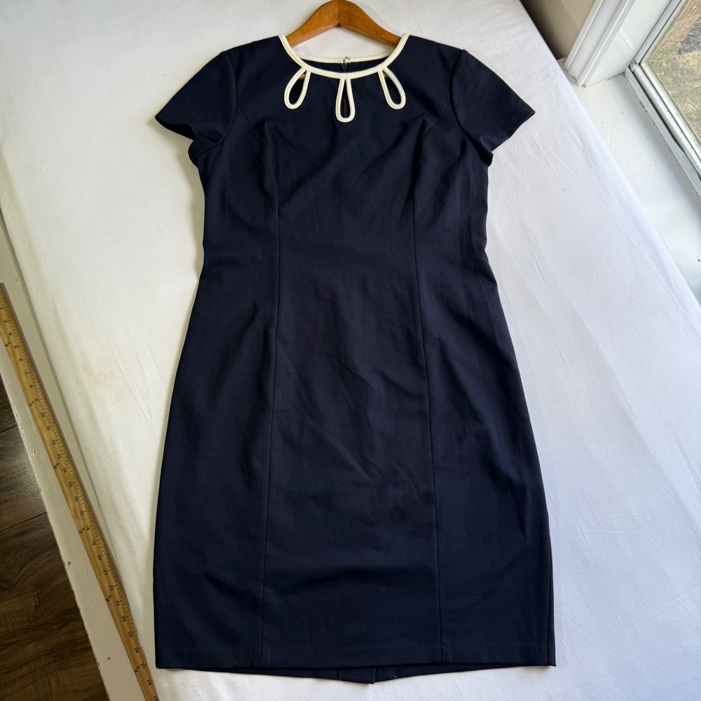 Talbots Navy Blue Cutout Neckline Sheath Dress Short Sleeve Size 12 Office Party